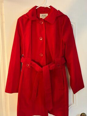 London Fog Red Trench Raincoat w/ Removable Hood & Belt Women's Large